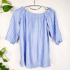 Ann Taylor Loft Top Womens Off The Shoulder Striped Blue Slit Stretch